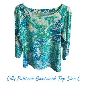 Lilly Pulitzer Blue and Green Floral Boatneck Top Size L